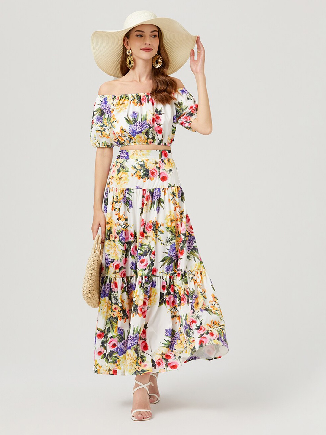 

JC Collection Printed Off-Shoulder Top & Skirt, White