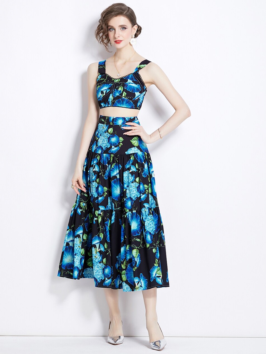 

JC Collection Floral Printed Crop Top & Skirt, Blue