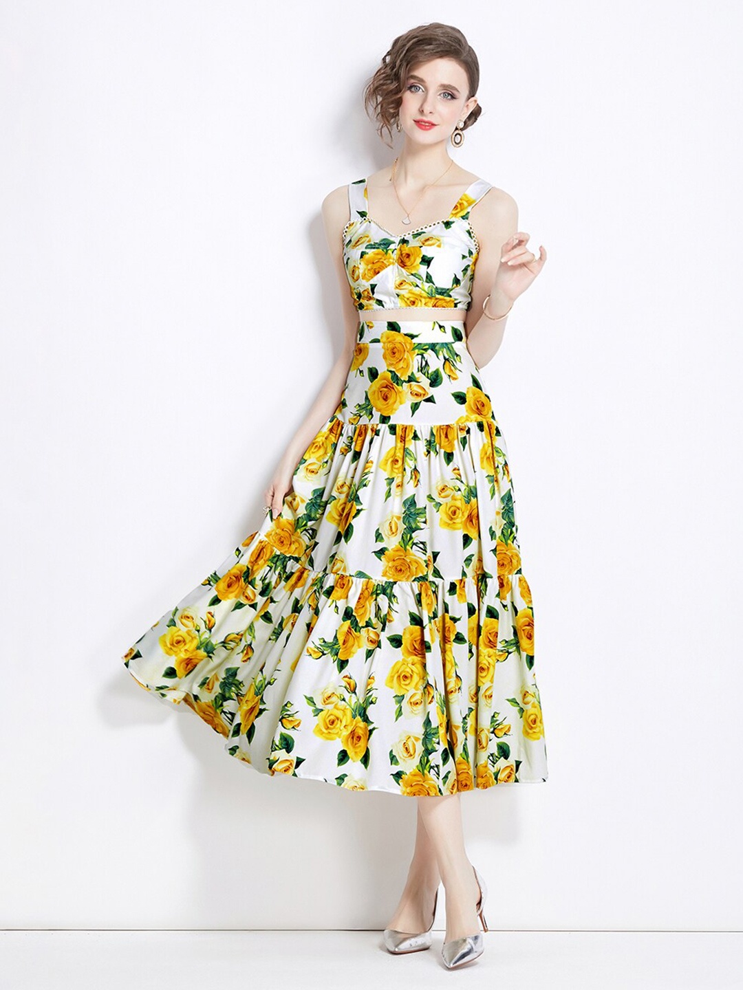 

JC Collection Printed Shoulder Straps Top With Skirt, Yellow