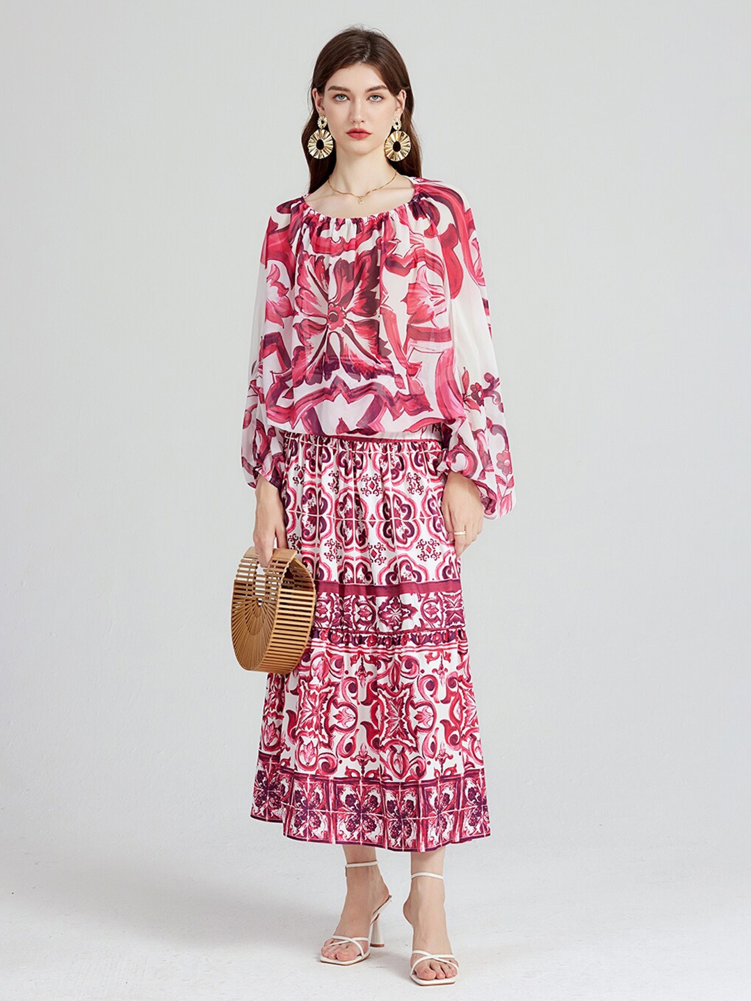 

JC Collection Floral Printed Top With Skirt, Red