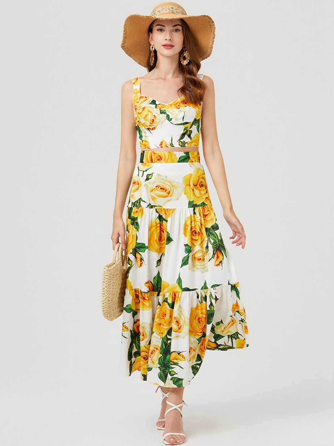 

JC Collection Floral Printed Shoulder Straps Top With Skirt Co-Ords Set, Yellow