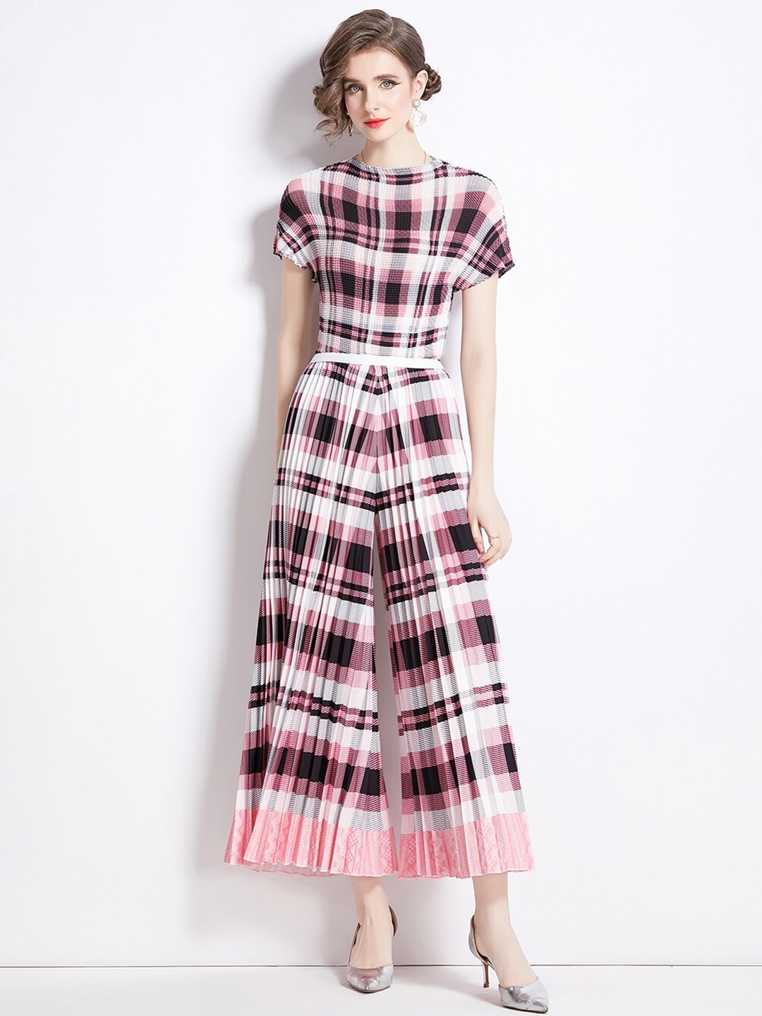 

JC Collection Checked Round Neck Top & Palazzo, Pink