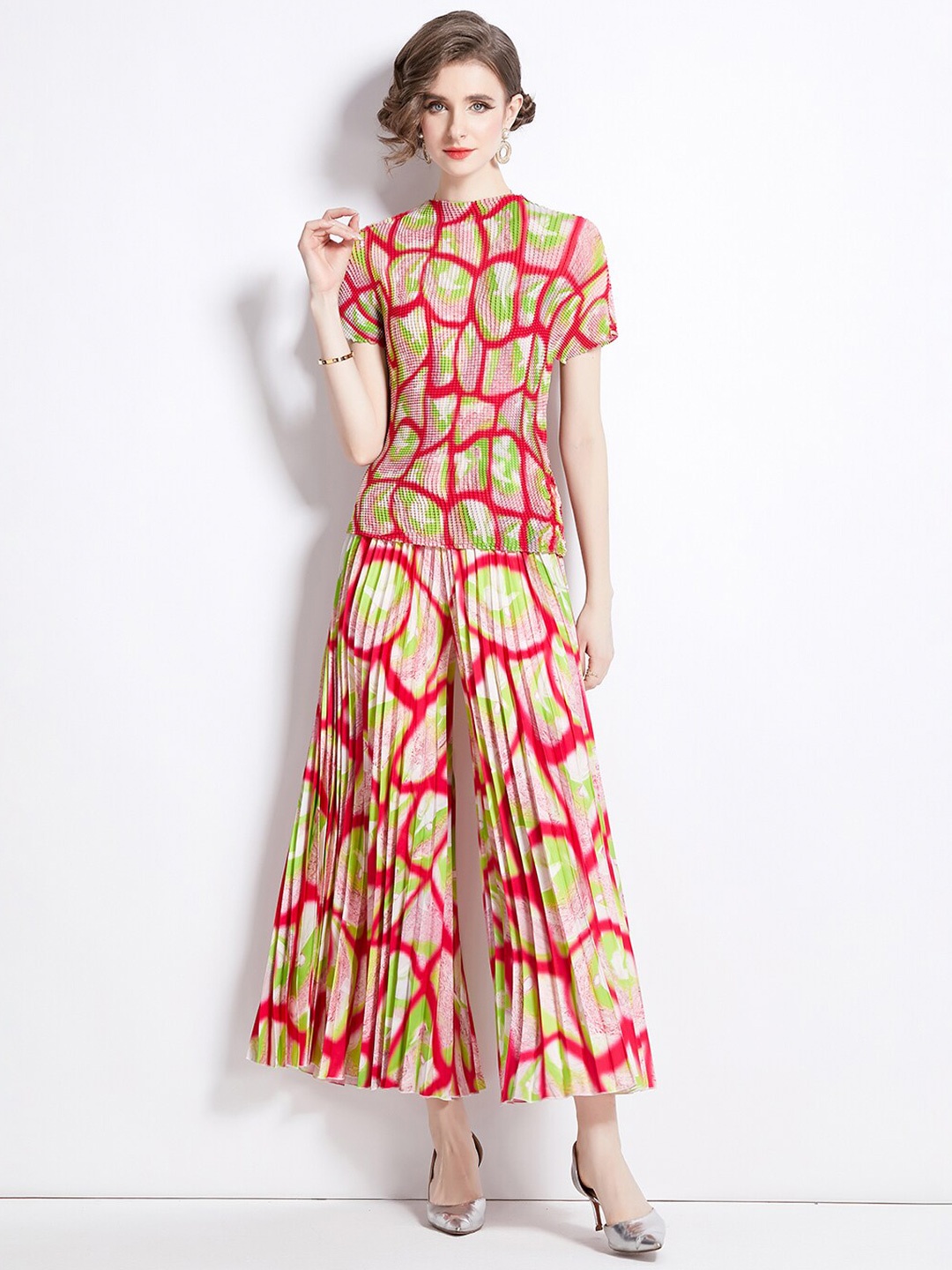 

JC Collection Printed Round Neck Top & Palazzo, Red