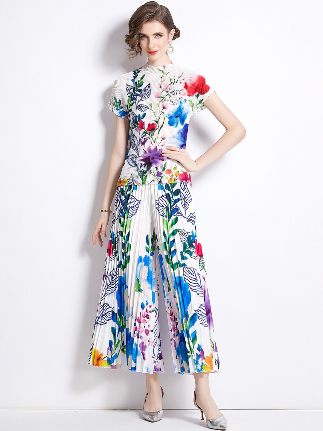 

JC Collection Floral Printed High Neck Top & Flared Palazzos, White