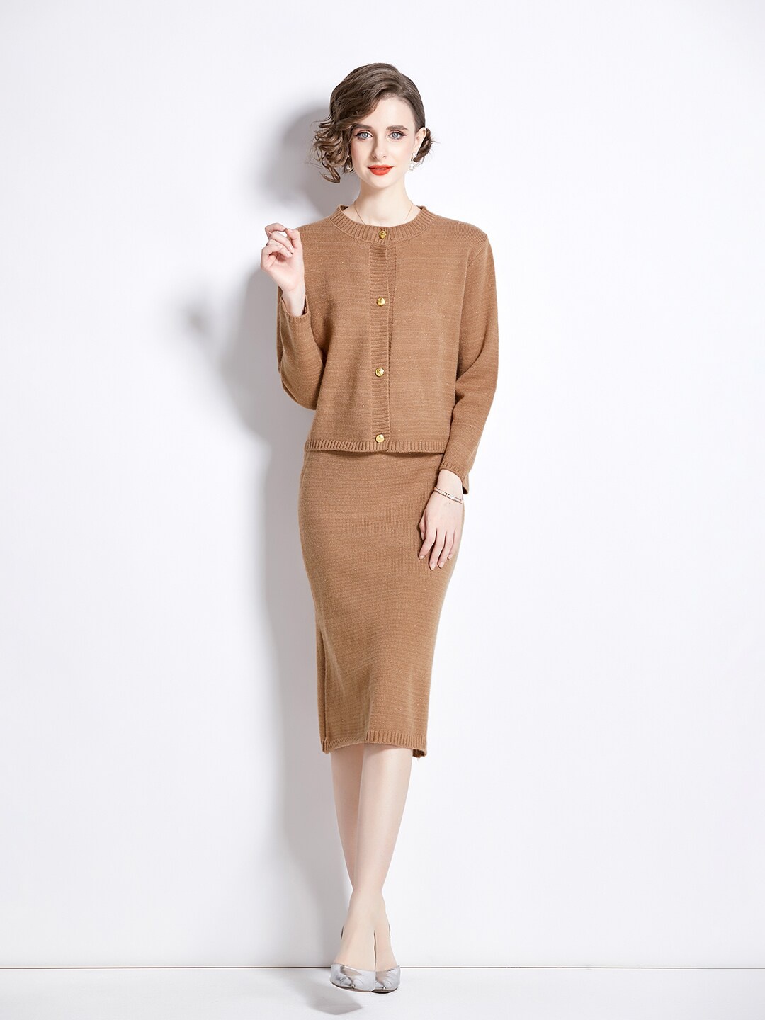 

JC Collection Round Neck Top & Skirt Co-Ords Set, Camel brown
