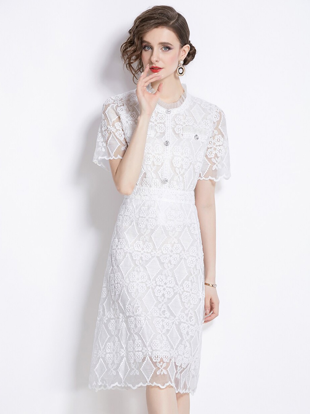 

JC Collection Embroidered Round Neck Top & Skirt, White