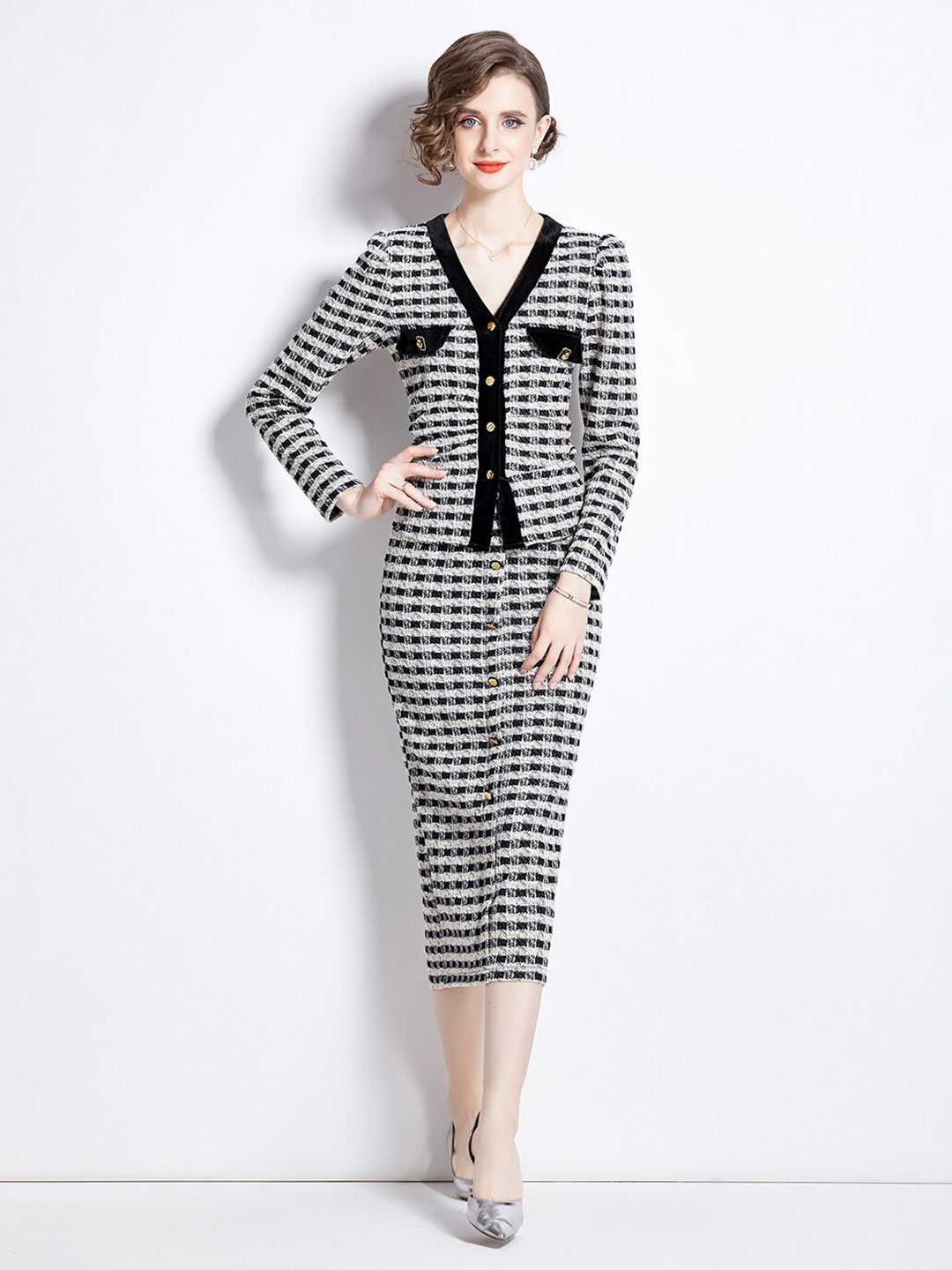 

JC Collection Checked Puffed Sleeves Top With Skirt, Black