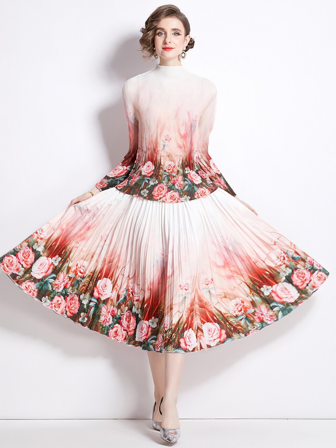 

JC Collection Floral Printed High Neck Top With Skirt, White