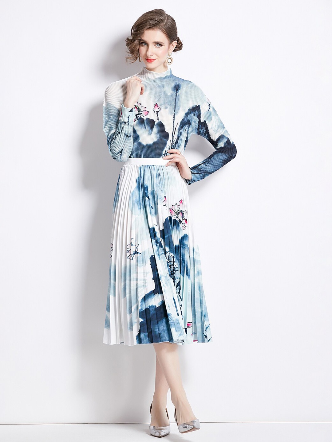 

JC Collection Floral Printed High Neck Top & Skirt Co-Ords Set, White