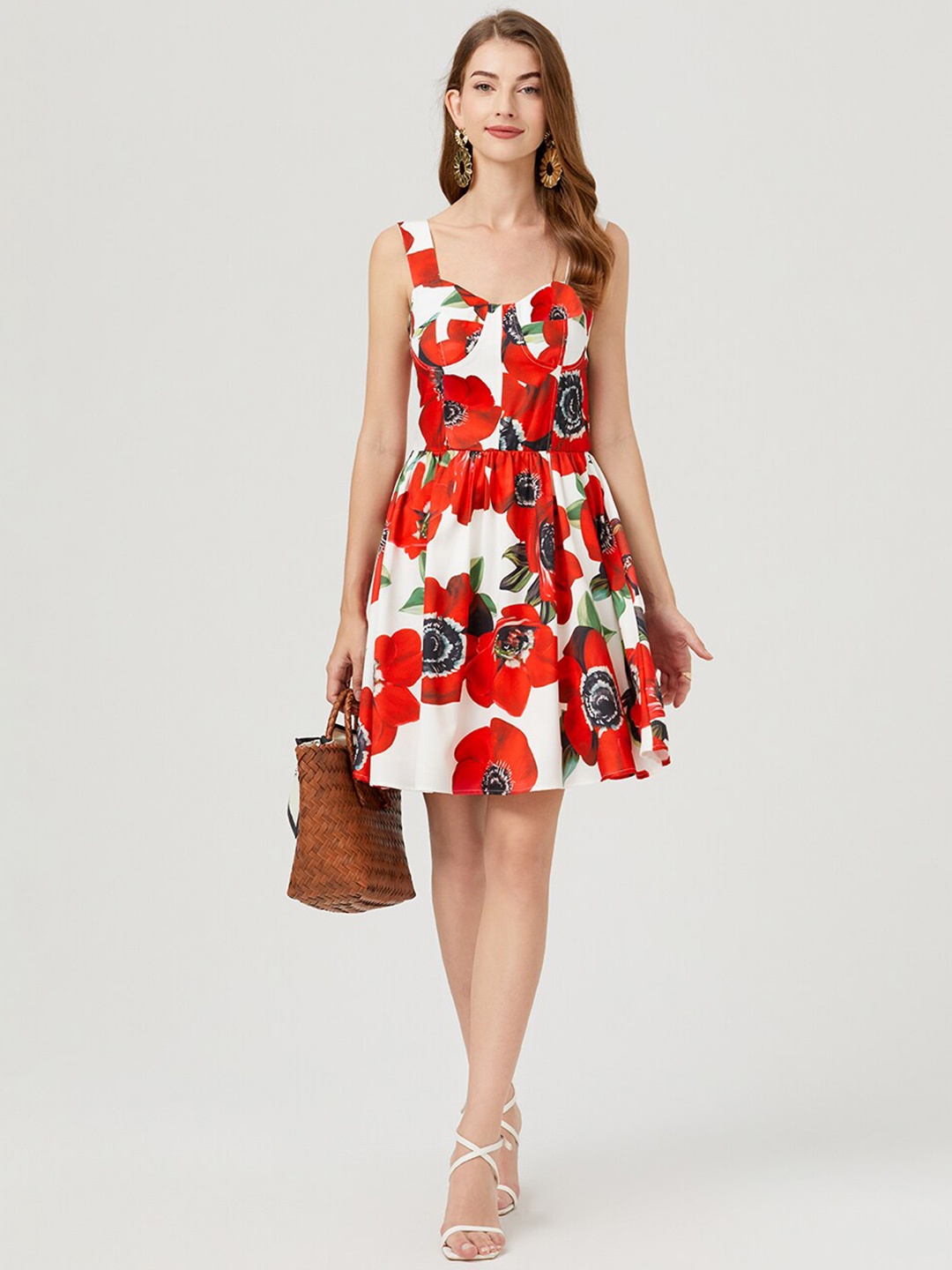 

JC Collection Floral Printed Shoulder Straps Fit & Flare Mini Dress, Red