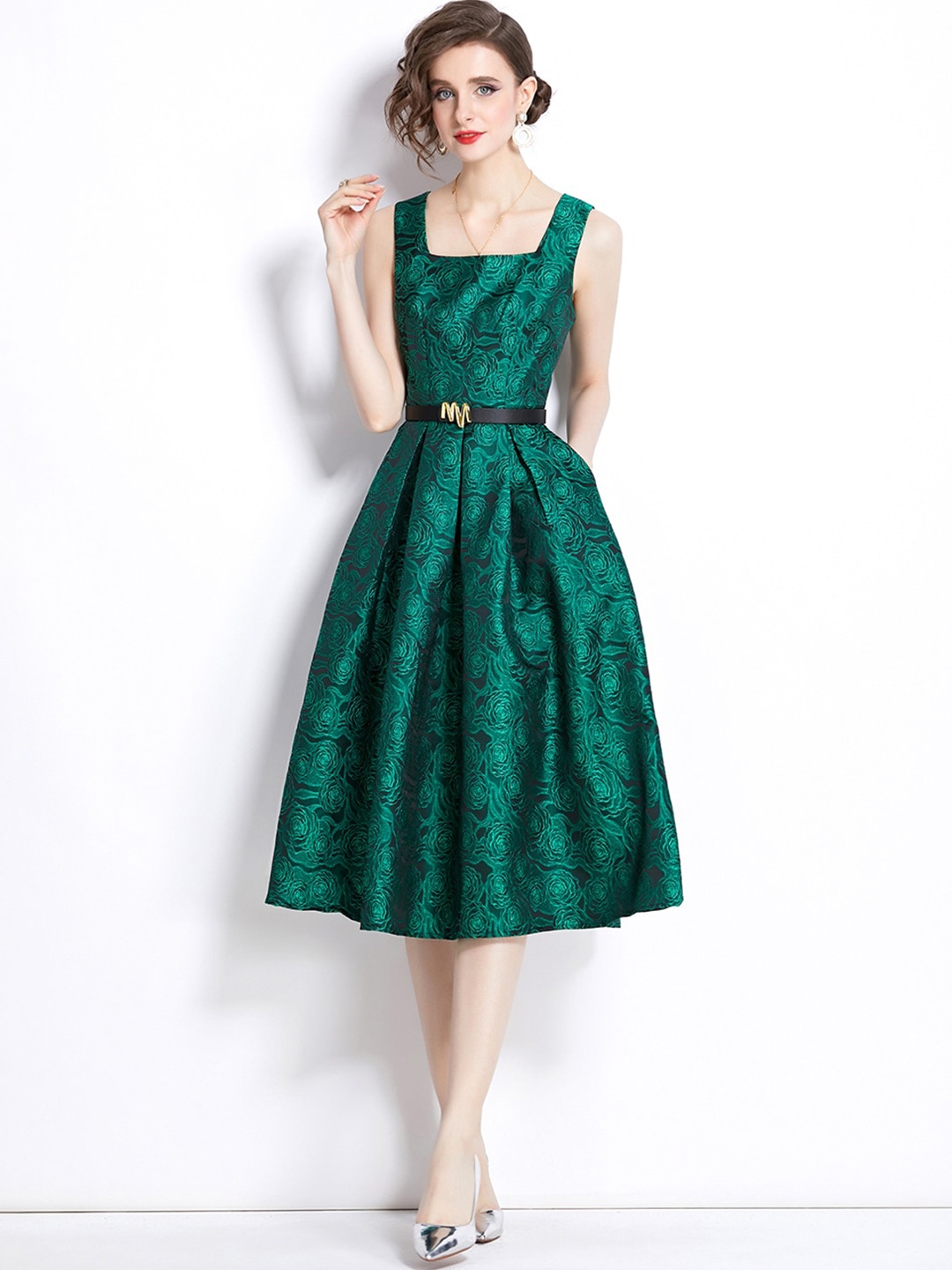 

JC Collection Ethnic Motifs Printed Square Neck Sleeveless Fit & Flare Midi Dress, Green