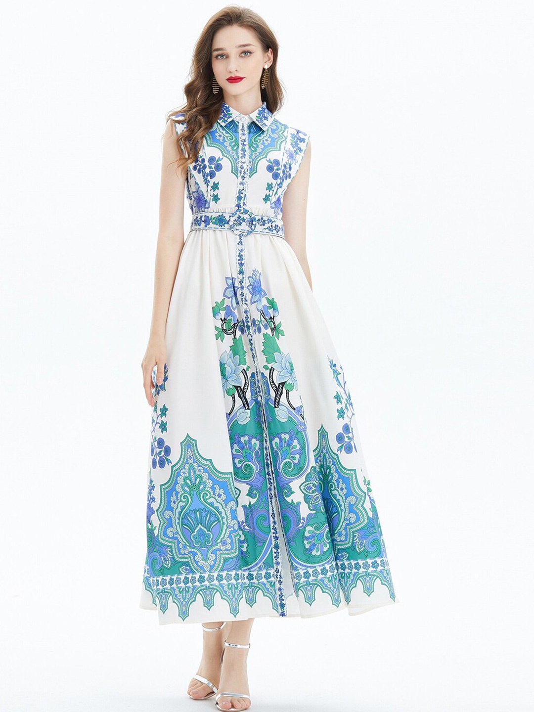 

JC Collection Ethnic Motifs Printed Shirt Collar Maxi Dress, White