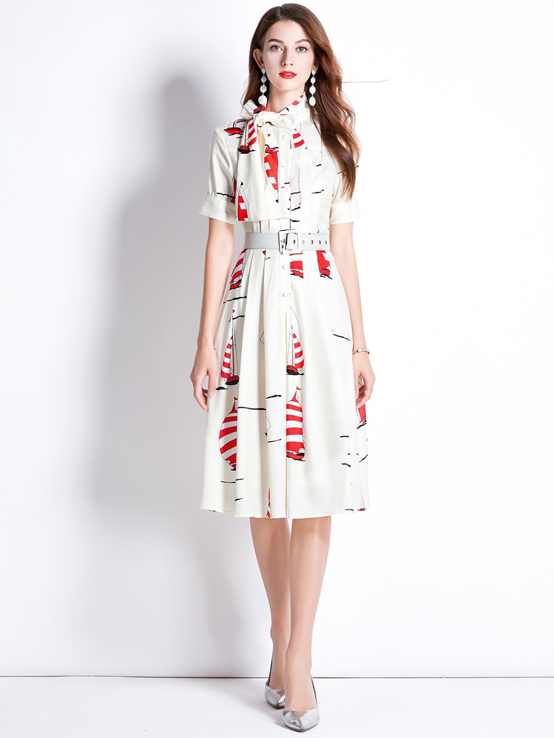 

JC Collection Abstract Printed Tie Up Neck A-Line Dress, Off white