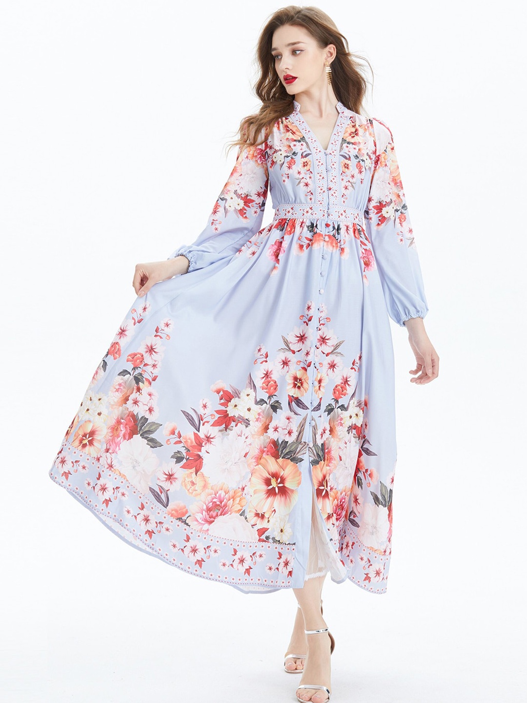 

JC Collection Floral Printed Mandarin Collar Puff Sleeves Fit and Flare Maxi Dress, Blue