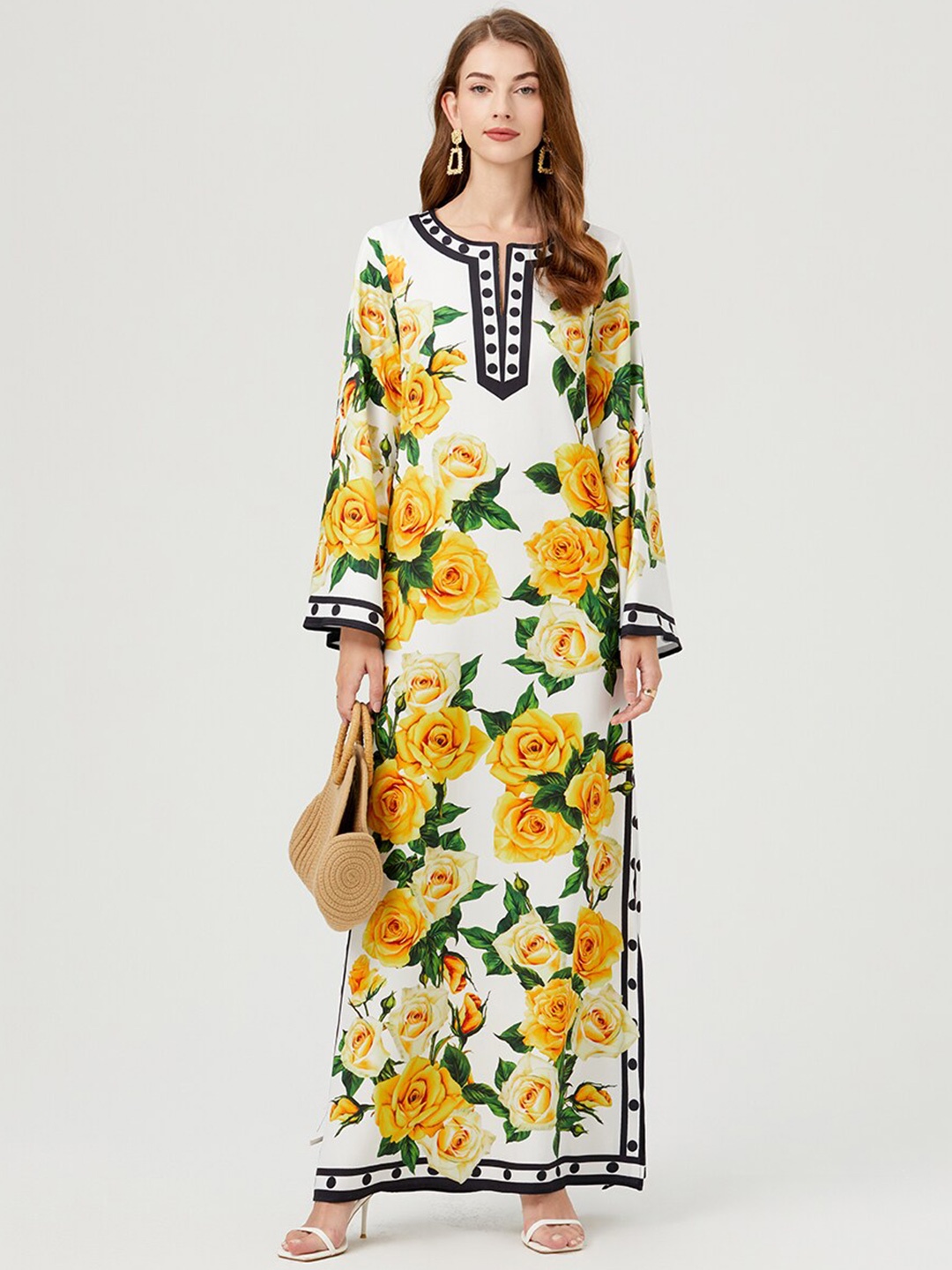 

JC Collection Floral Printed Round Neck Maxi Dress, Yellow