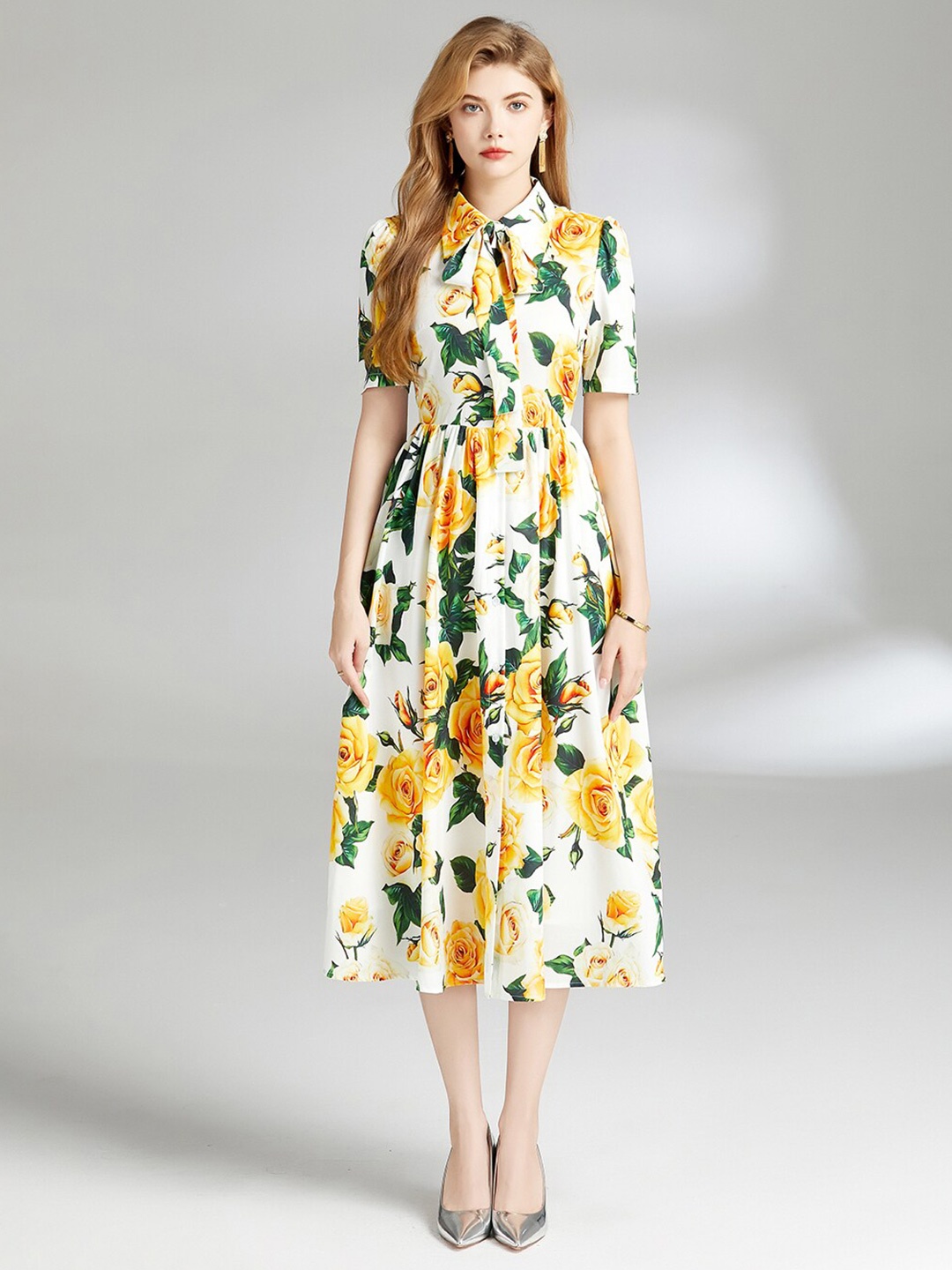 

JC Collection Floral Printed Shirt Collar Fit & Flare Midi Dress, White