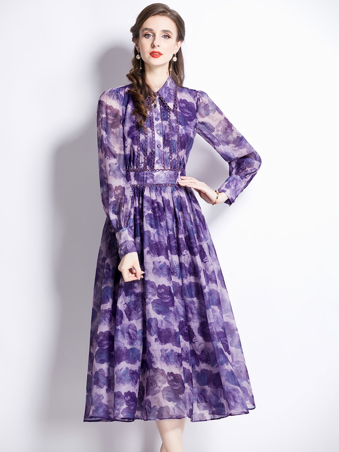 

JC Collection Abstract Printed Shirt Collar Fit & Flare Midi Dress, Violet