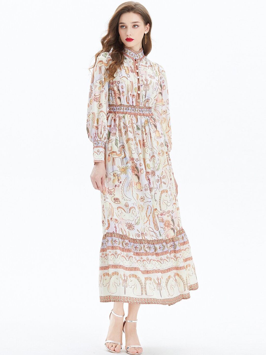 

JC Collection Ethnic Motifs Printed Mandarin Collar Cuffed Sleeves A-Line Midi Dress, White