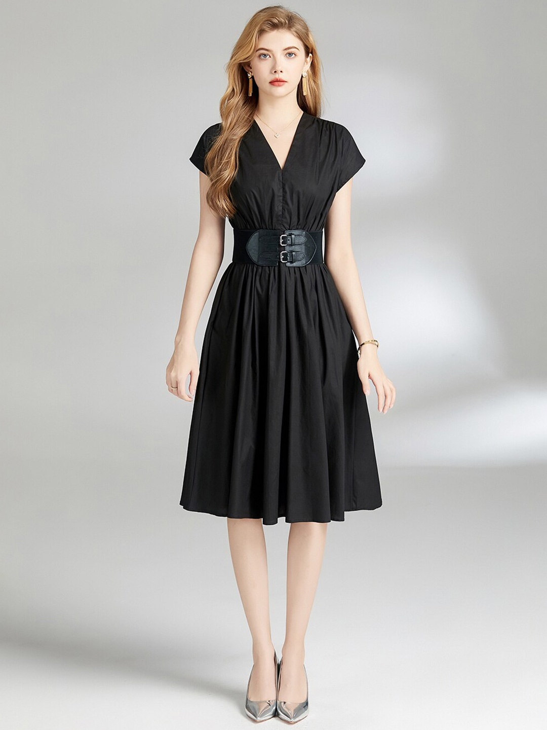 

JC Collection V-Neck Fit & Flare Midi Dress, Black