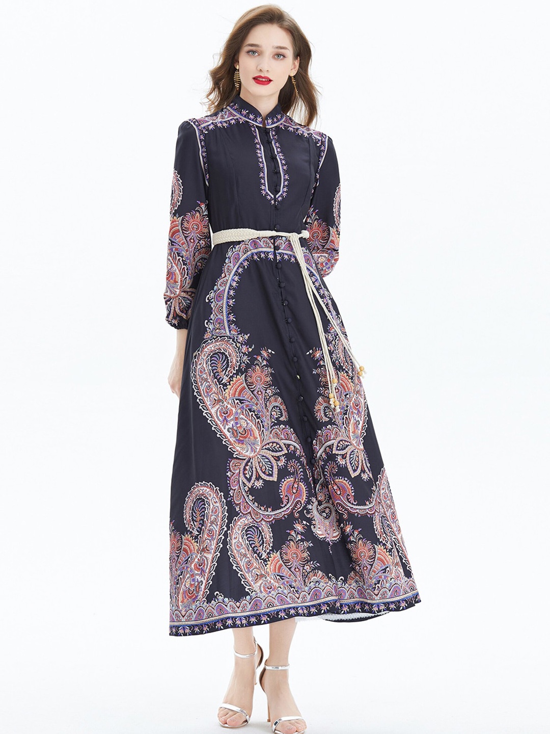 

JC Collection Ethnic Motifs Printed Mandarin Collar Maxi Dress, Black