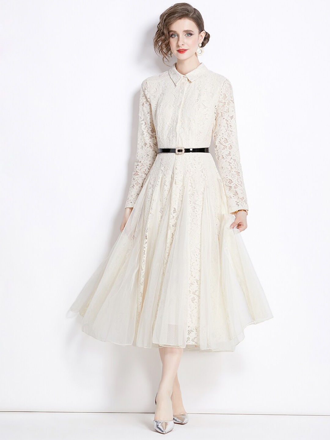 

JC Collection Self Design Shirt Collar A-Line Midi Dress, Beige