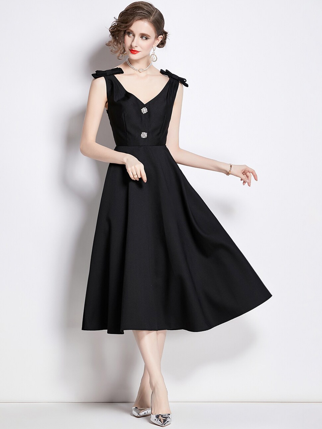 

JC Collection V-Neck Fit & Flare Midi Dress, Black