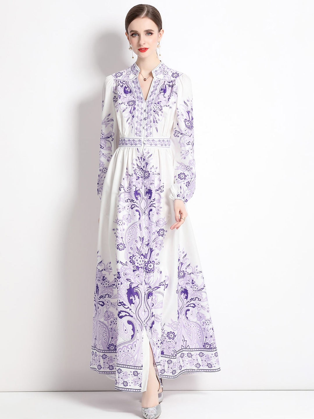 

JC Collection Ethnic Motifs Printed Mandarin Collar Maxi Dress, White