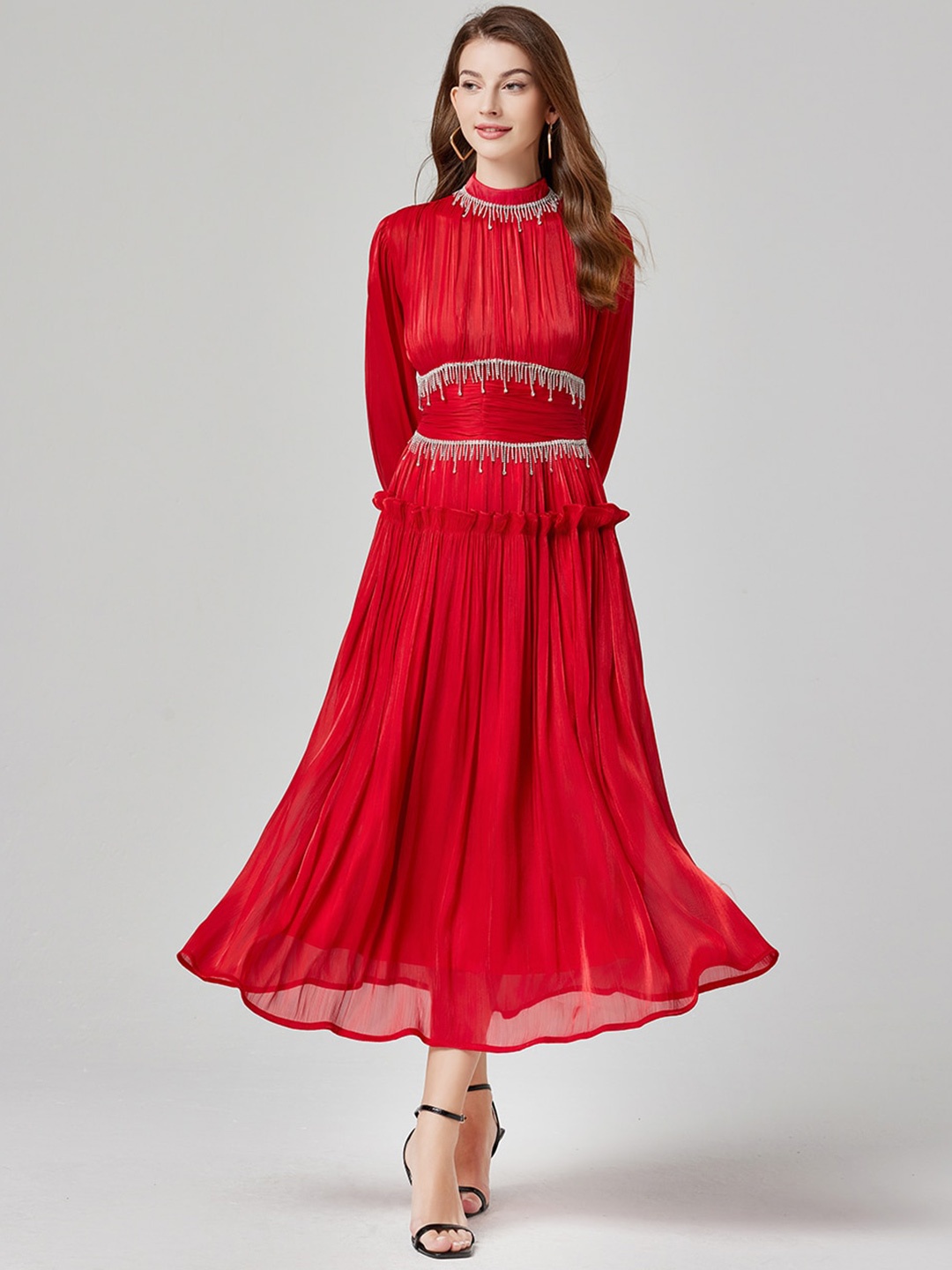 

JC Collection High Neck Puff Sleeves Embellished Detail Midi Dress, Red