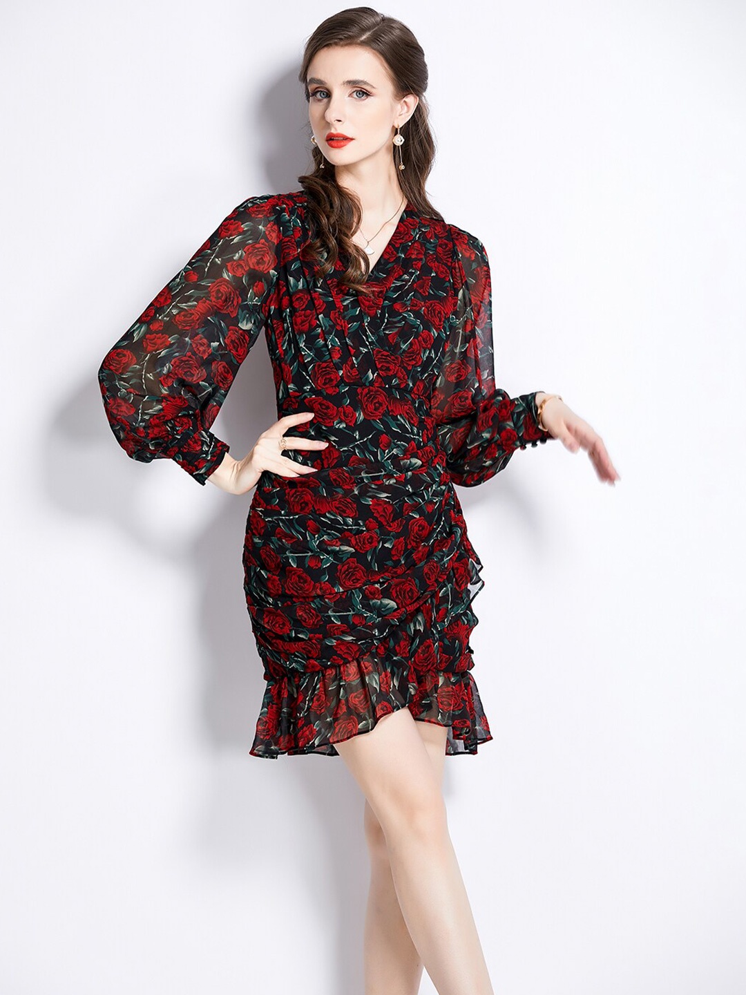 

JC Collection Floral Printed V-Neck Fit & Flare Dress, Black