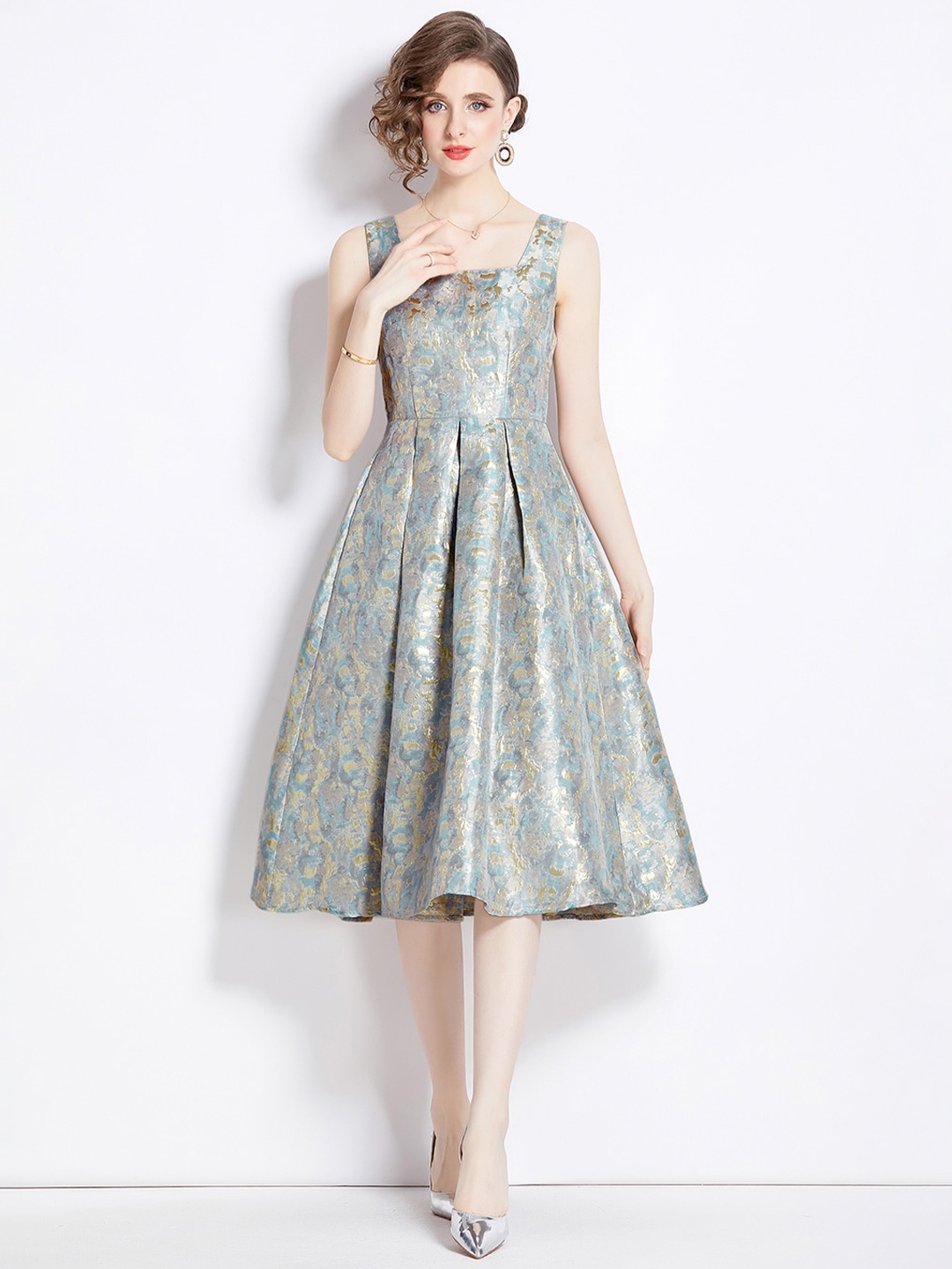

JC Collection Floral Printed Square Neck Fit & Flare Midi Dress, Grey