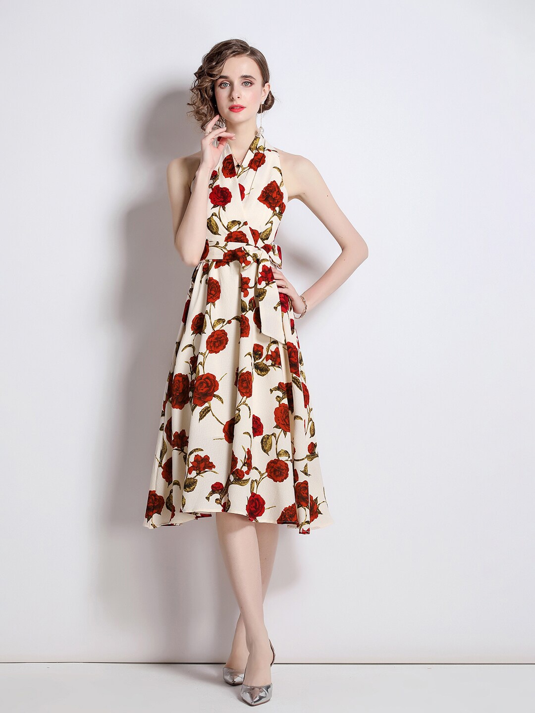 

JC Collection Floral Printed Halter Neck Fit & Flare Midi Dress, Cream