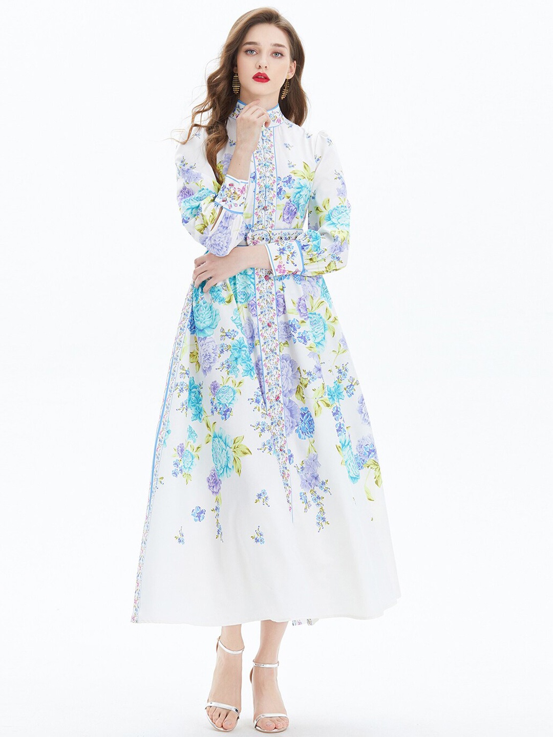 

JC Collection Floral Printed Mandarin Collar Fit & Flare Midi Dress, Blue