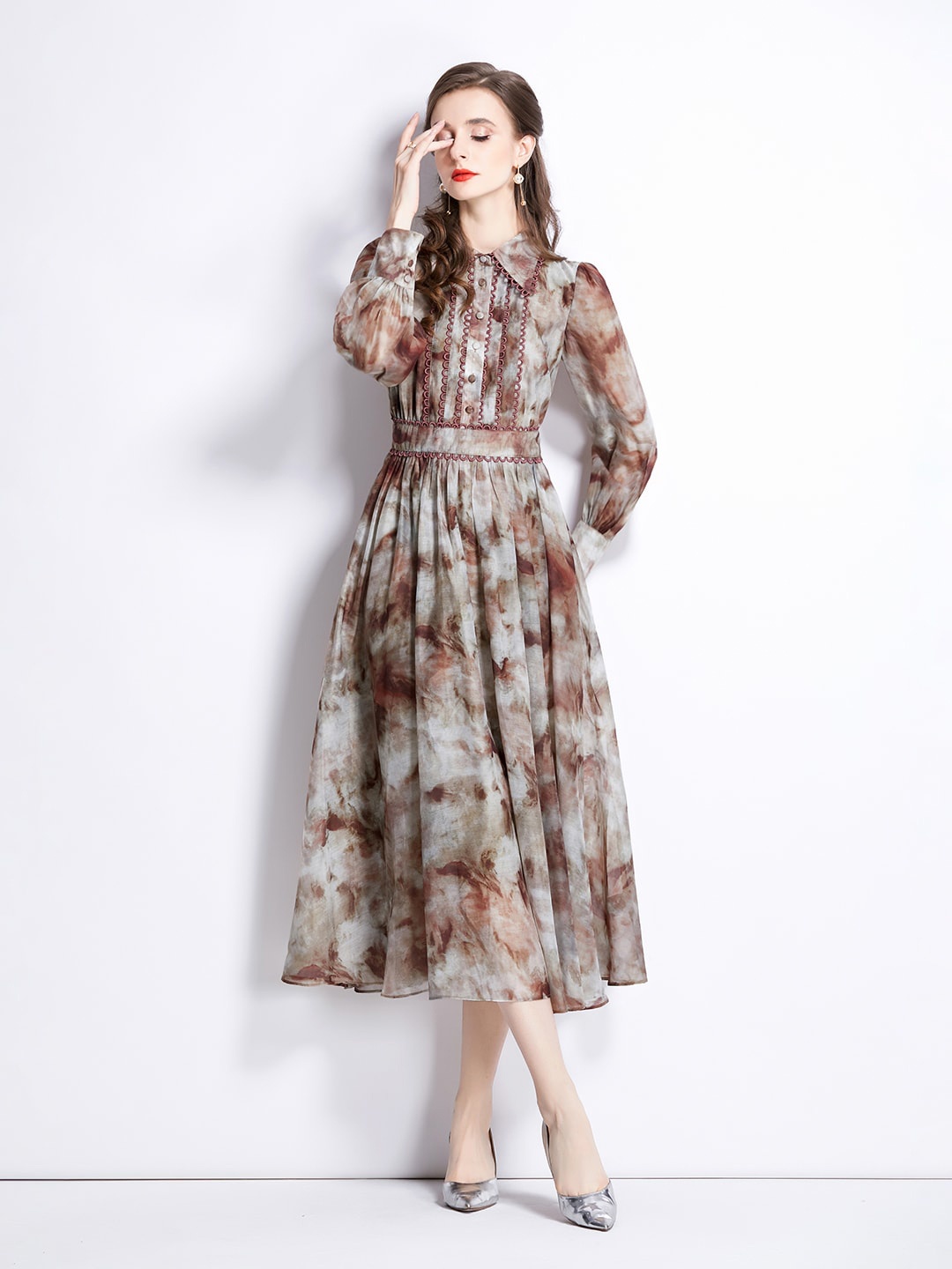 

JC Collection Floral Printed Shirt Collar Fit & Flare Midi Dress, Grey