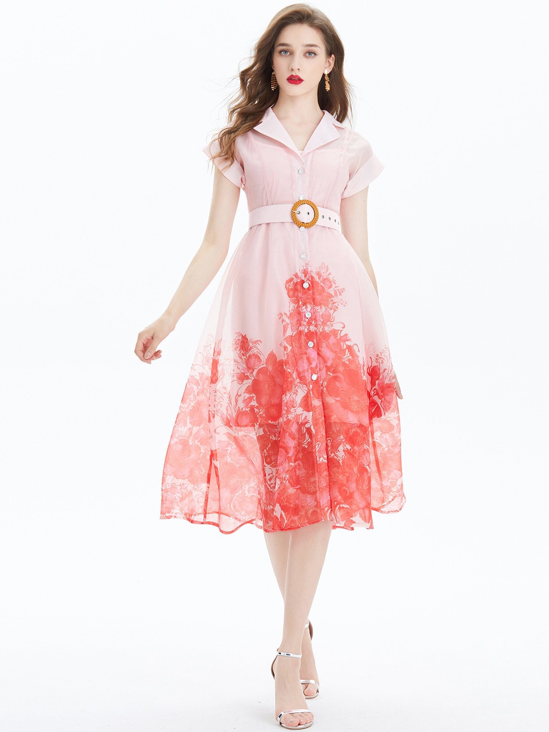 

JC Collection Floral Printed Shirt Collar Fit & Flare Midi Dress, Red