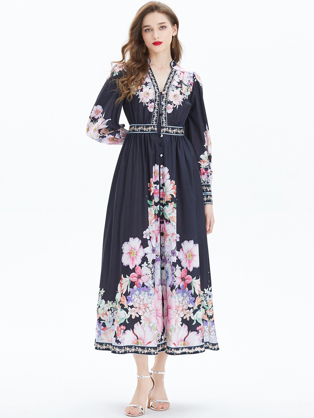 

JC Collection Floral Printed Mandarin Collar Fit & Flare Maxi Dress, Black