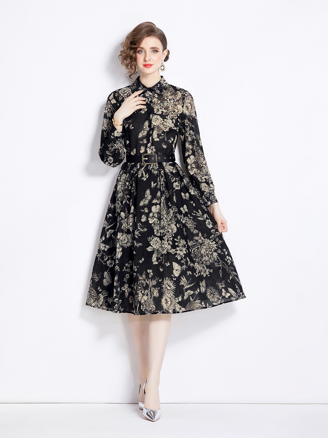 

JC Collection Floral Printed Shirt Midi Dress, Black
