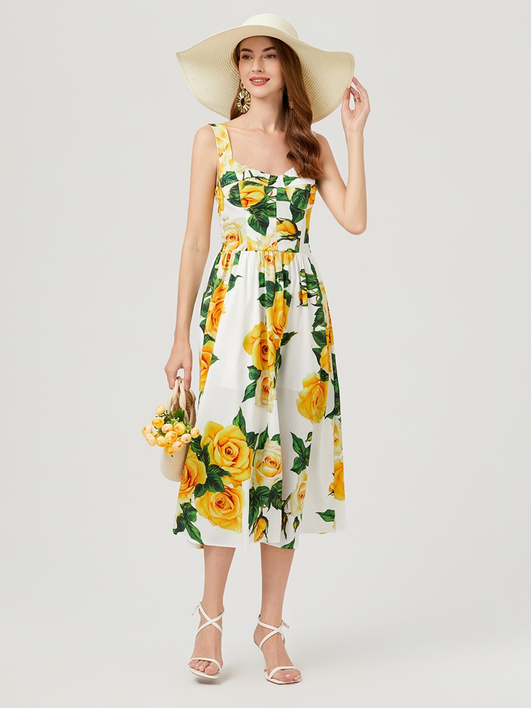 

JC Collection Floral Printed Fit & Flare Midi Dress, Yellow