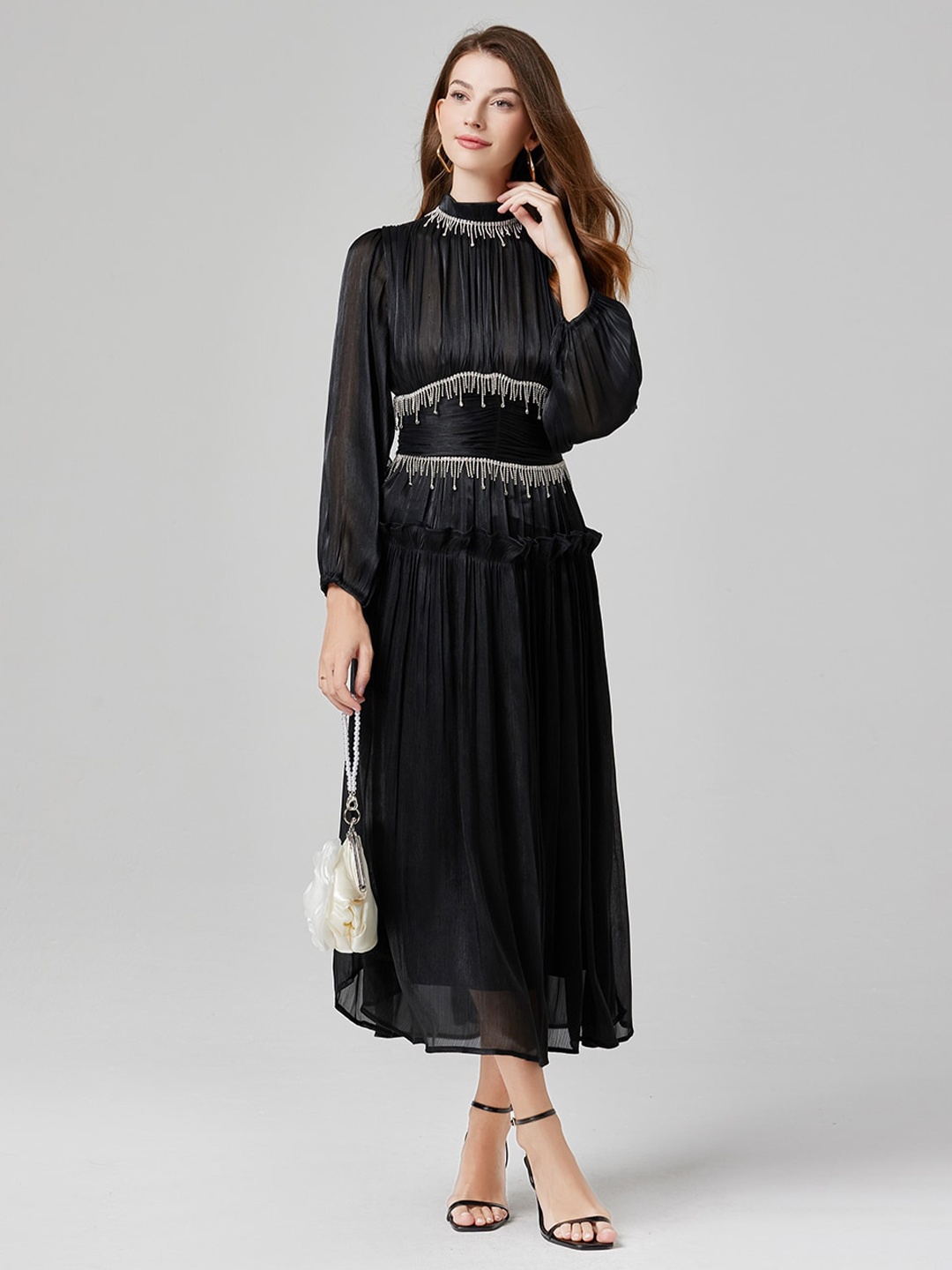 

JC Collection Embellished Puff Sleeve Fit & Flare Maxi Dress, Black