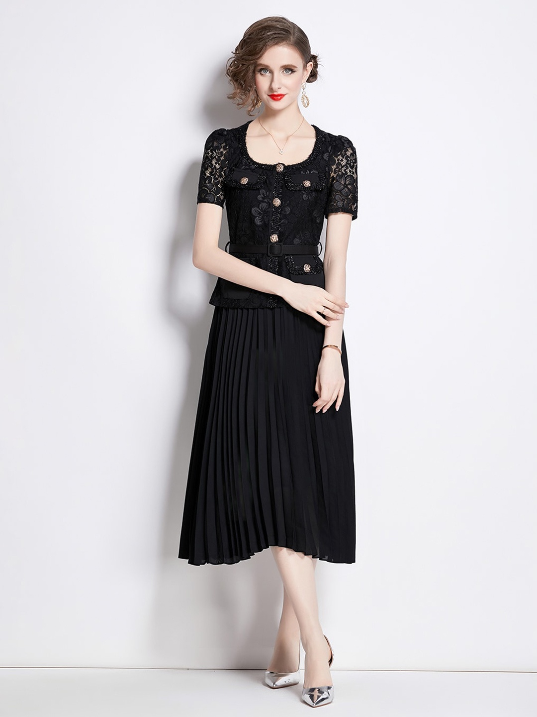 

JC Collection Self Design Square Neck A-Line Midi Dress, Black