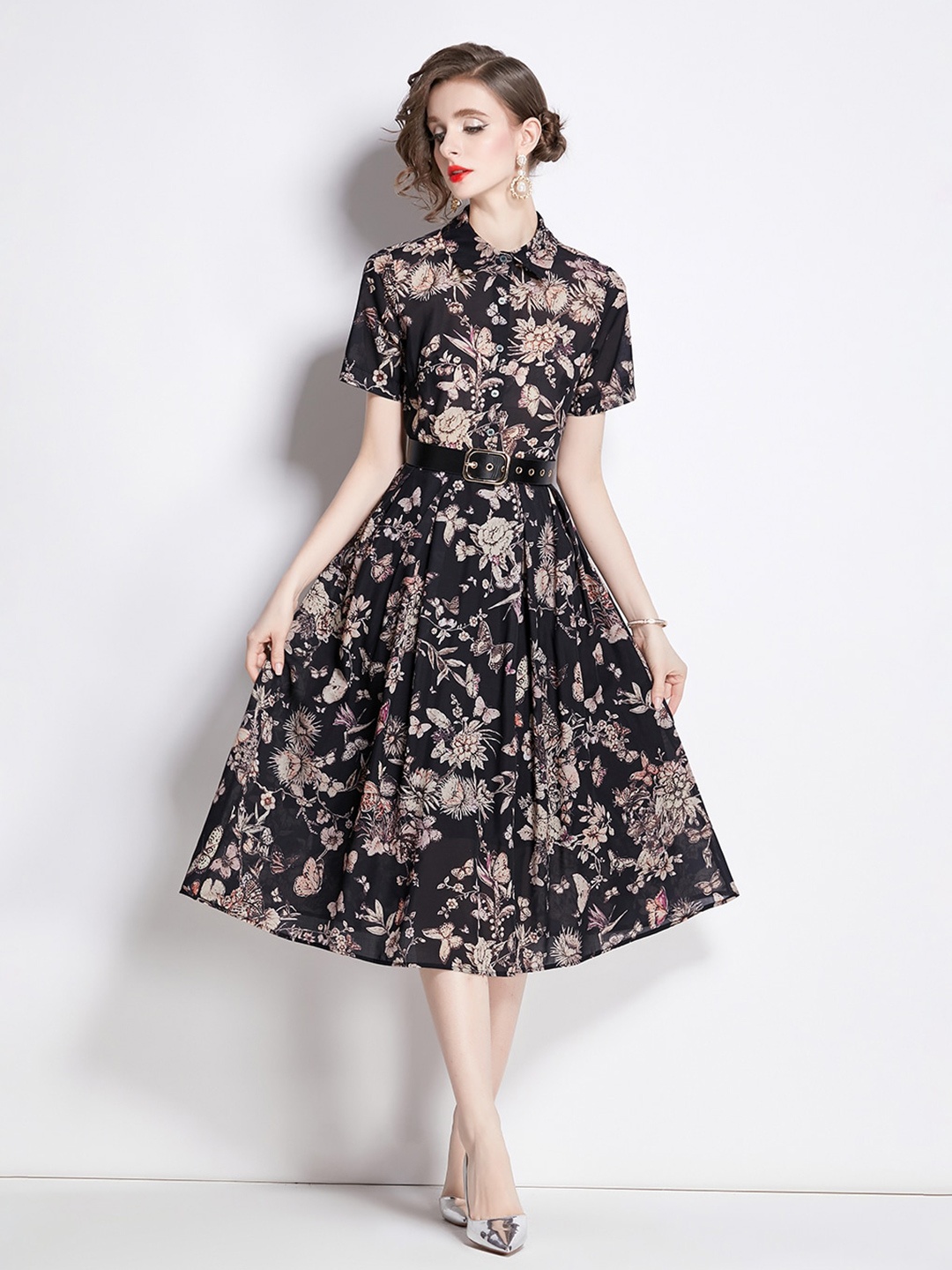 

JC Collection Floral Printed Shirt Collar Fit & Flare Midi Dress, Black