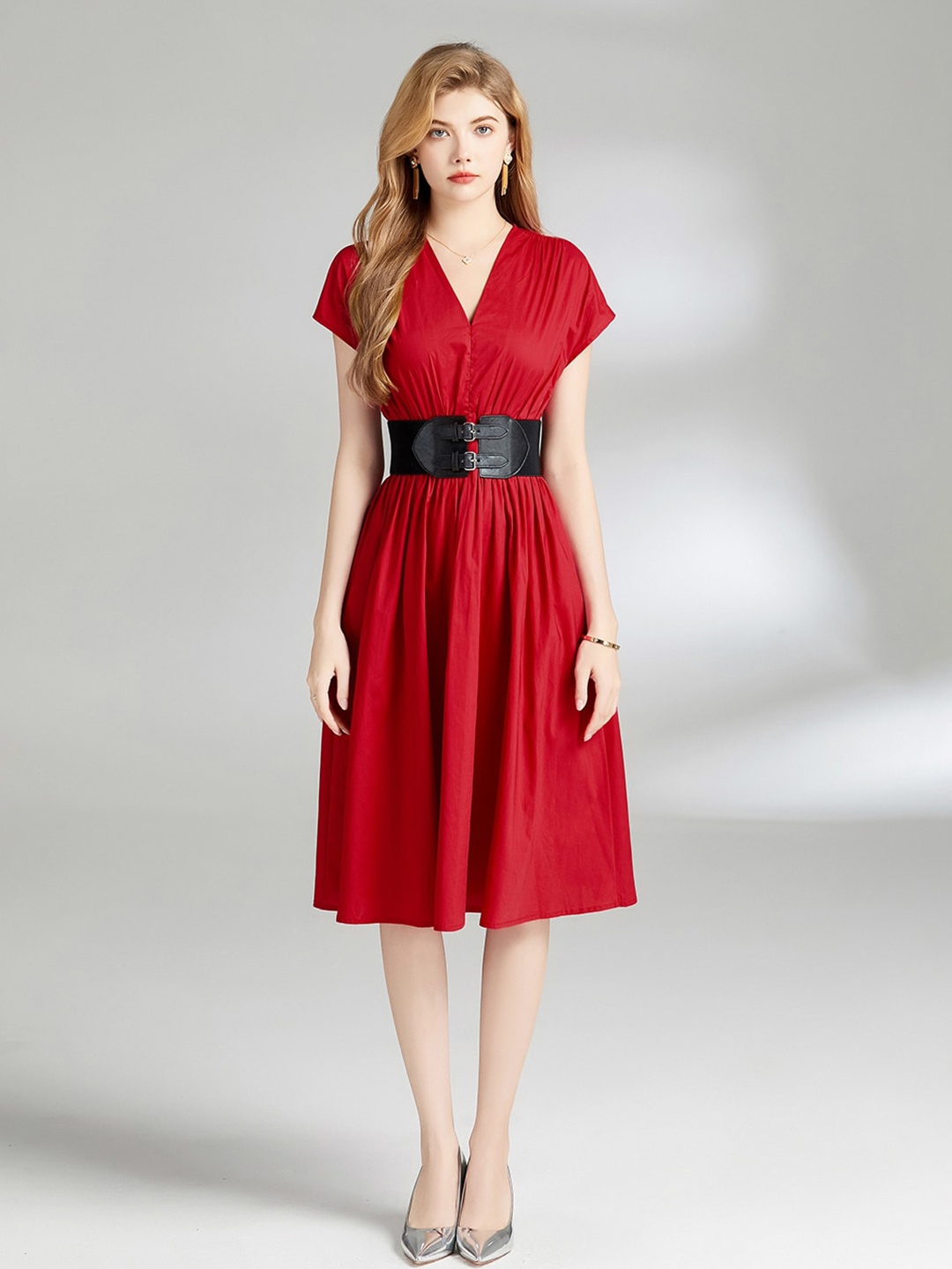 

JC Collection Extended Sleeves Gathered Fit & Flare Dress, Red