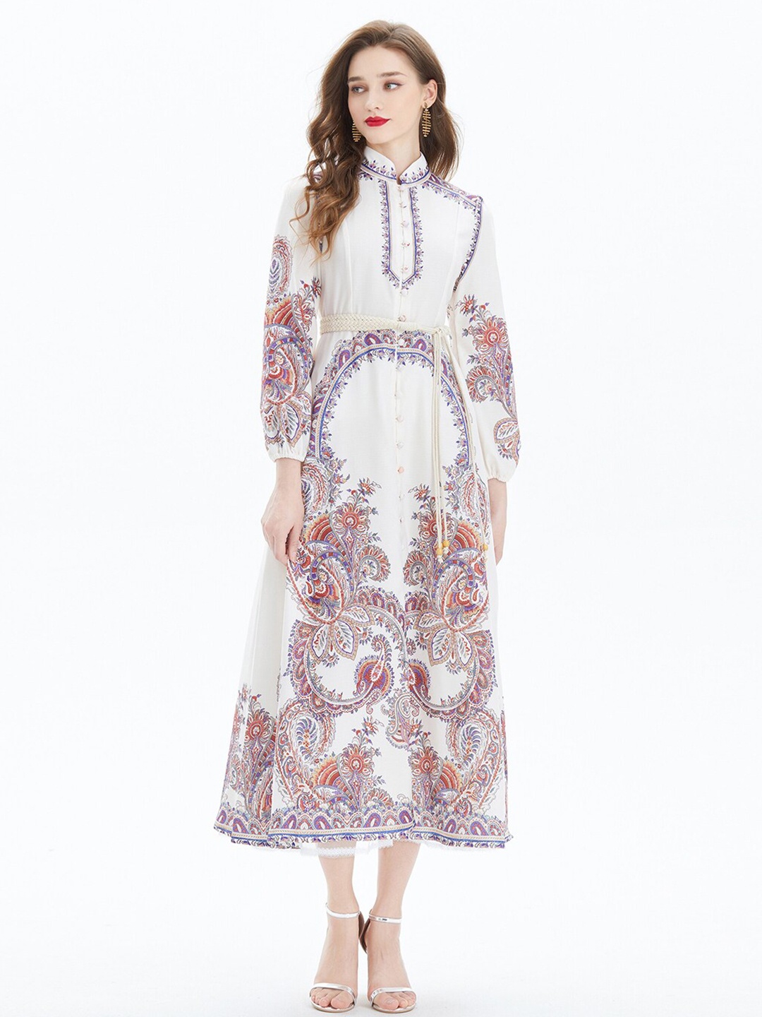 

JC Collection Ethnic Motifs Printed Mandarin Collar Fit & Flare Midi Dress, Beige