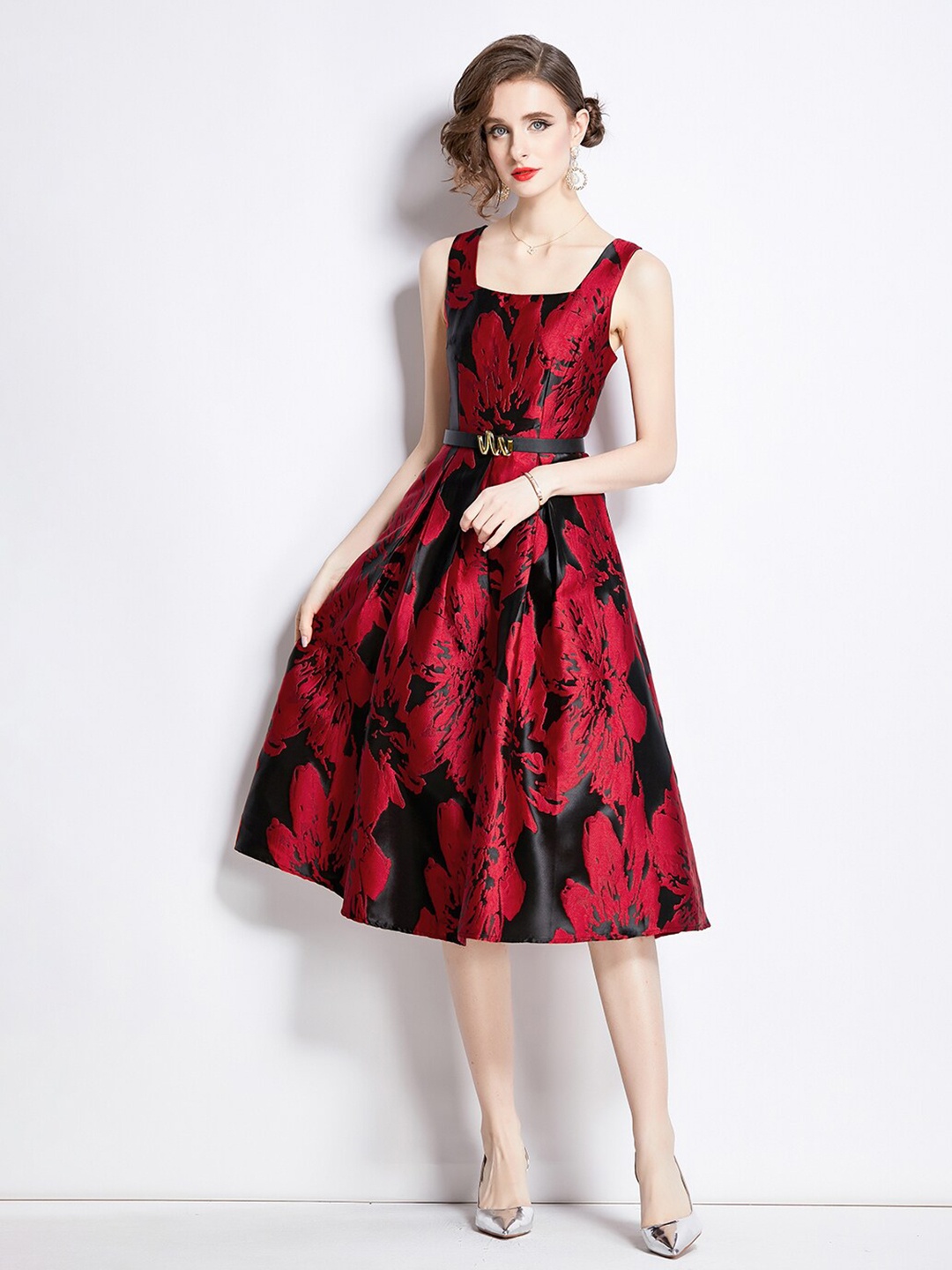 

JC Collection Floral Printed Square Neck Sleeveles Fit & Flare Midi Dress, Red