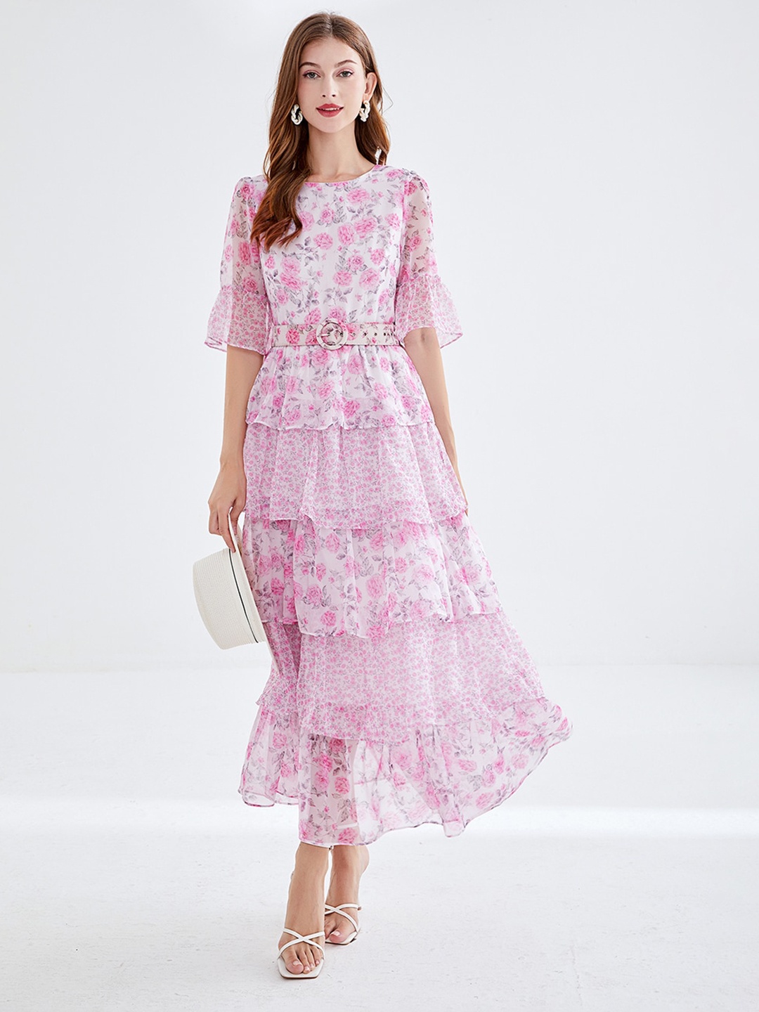 

JC Collection Floral Printed Bell Sleeves Layered Maxi Dress, Pink