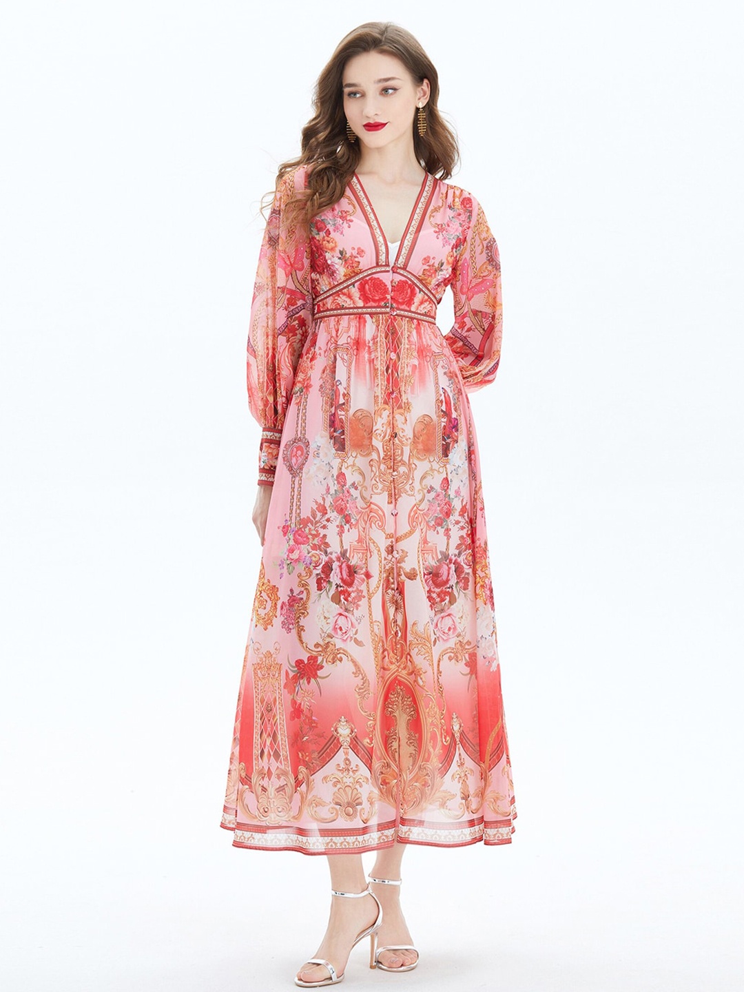 

JC Collection Floral Printed Cuffed Sleeves Fit & Flare Midi Dress, Red