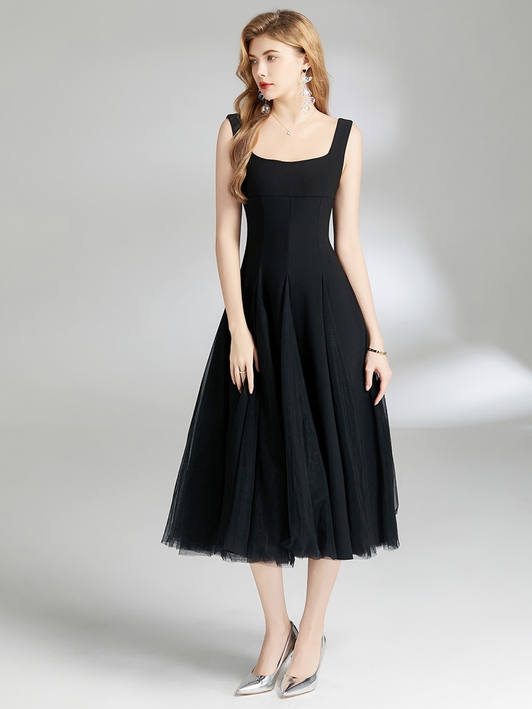 

JC Collection Square Neck Fit & Flare Midi Dress, Black