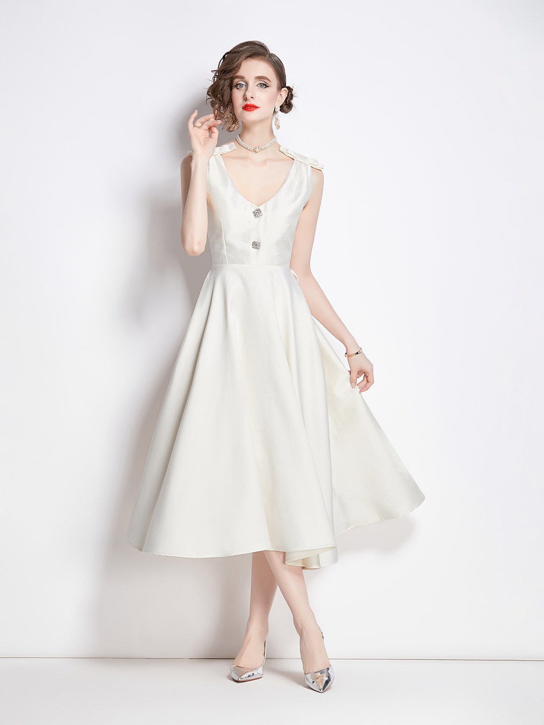 

JC Collection V-Neck Fit & Flare Midi Dress, Beige