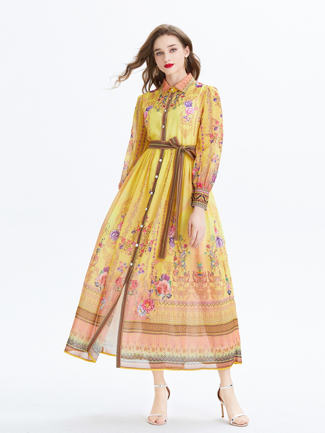 

JC Collection Floral Printed Shirt Collar Maxi Dress, Yellow