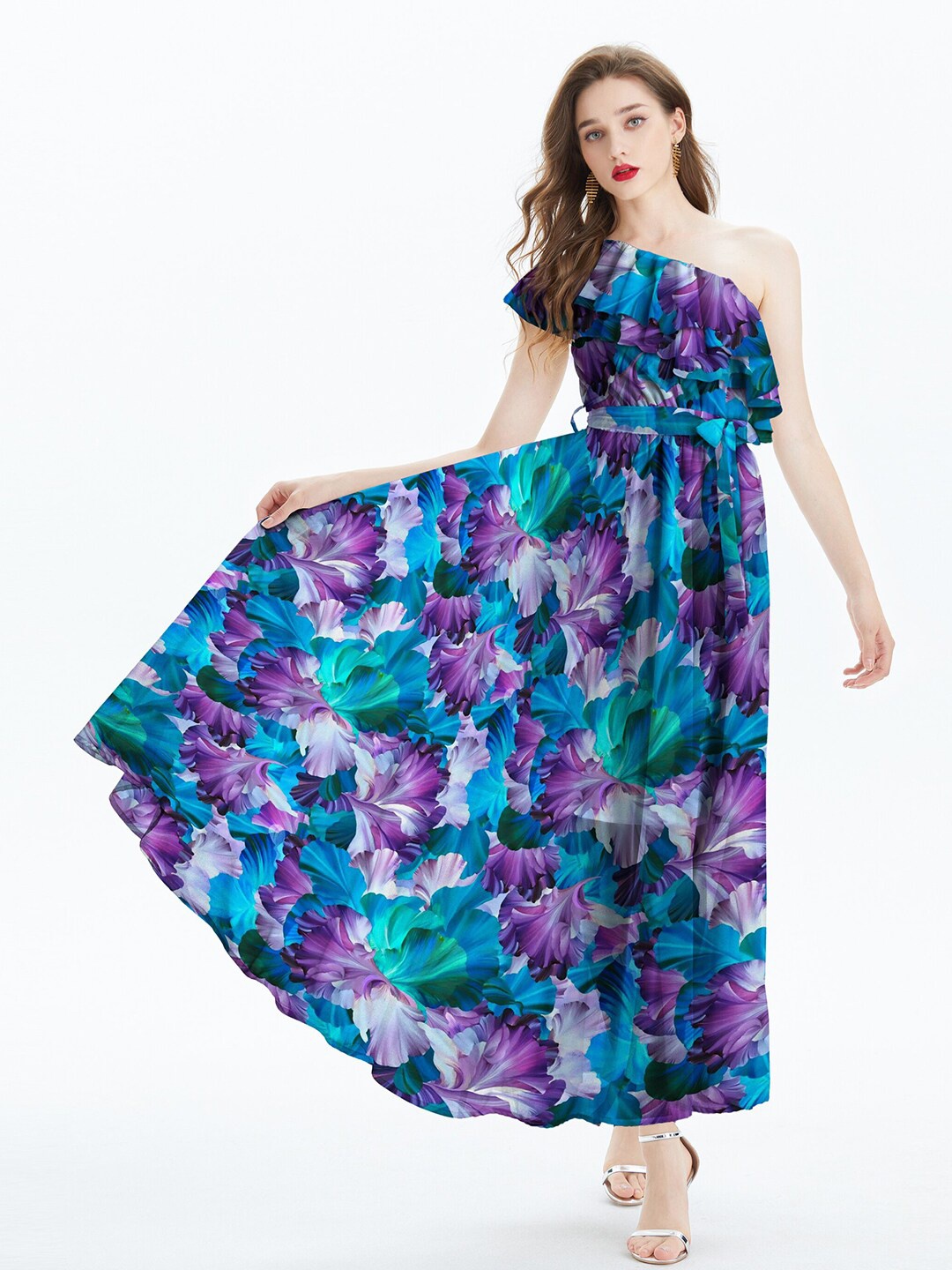 

JC Collection Floral Printed One-Shoulder Ruffled Maxi Dress, Purple