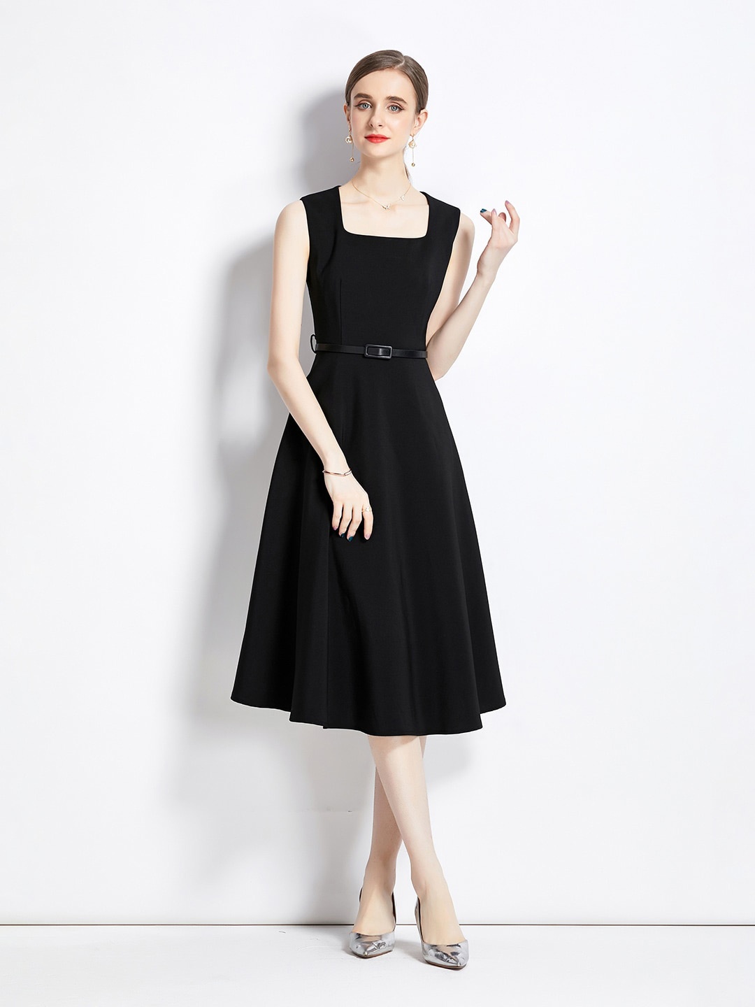 

JC Collection Square Neck Fit & Flare Midi Dress, Black